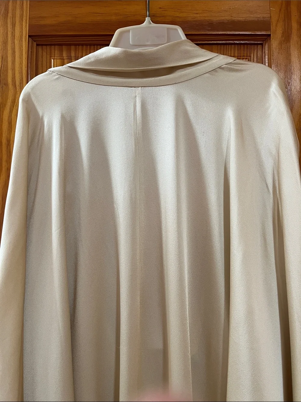NWT Satin Beige Draped Open Back Dress Lagenlook Formal Shawl Gown Tie Neck M